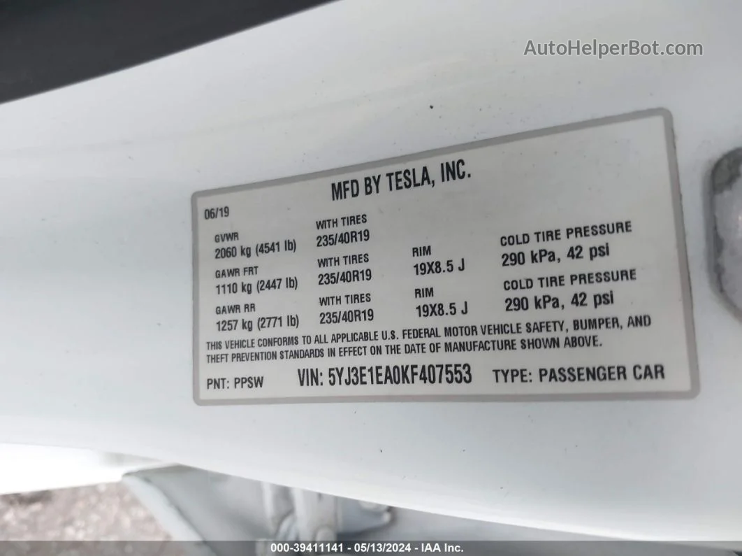 2019 Tesla Model 3 Long Range/mid Range/standard Range/standard Range Plus White vin: 5YJ3E1EA0KF407553