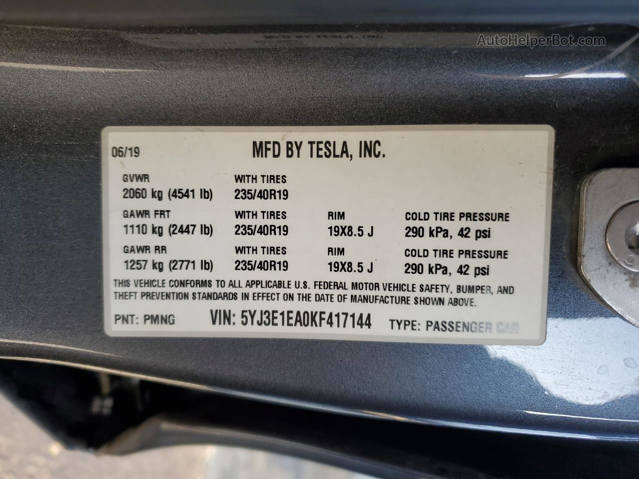 2019 Tesla Model 3  Gray vin: 5YJ3E1EA0KF417144