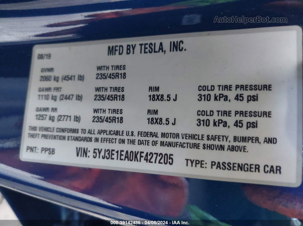 2019 Tesla Model 3 Long Range/mid Range/standard Range/standard Range Plus Синий vin: 5YJ3E1EA0KF427205