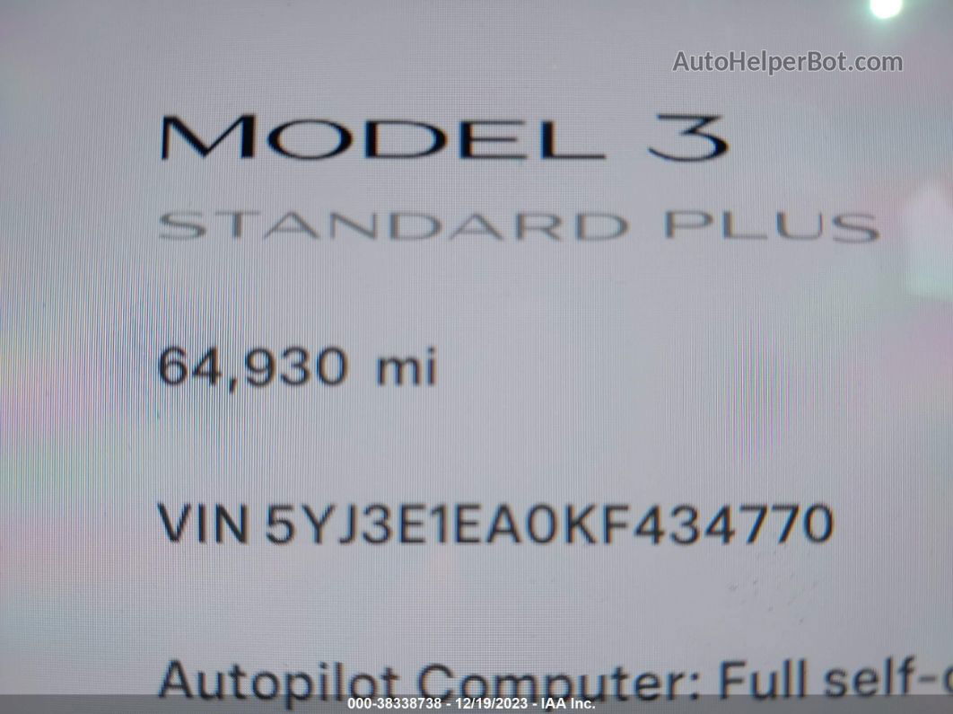 2019 Tesla Model 3 Long Range/mid Range/standard Range/standard Range Plus Blue vin: 5YJ3E1EA0KF434770