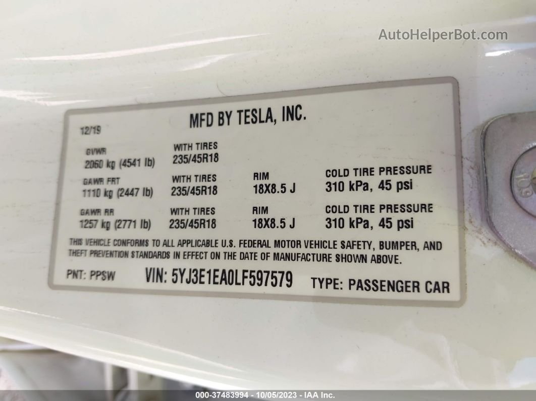 2020 Tesla Model 3 Standard Range White vin: 5YJ3E1EA0LF597579