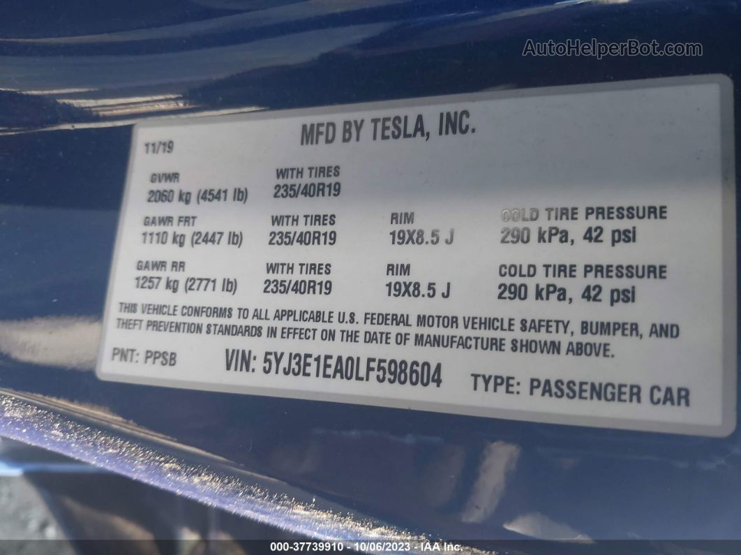 2020 Tesla Model 3 Standard Range Blue vin: 5YJ3E1EA0LF598604
