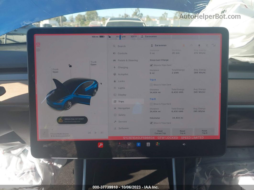 2020 Tesla Model 3 Standard Range Синий vin: 5YJ3E1EA0LF598604