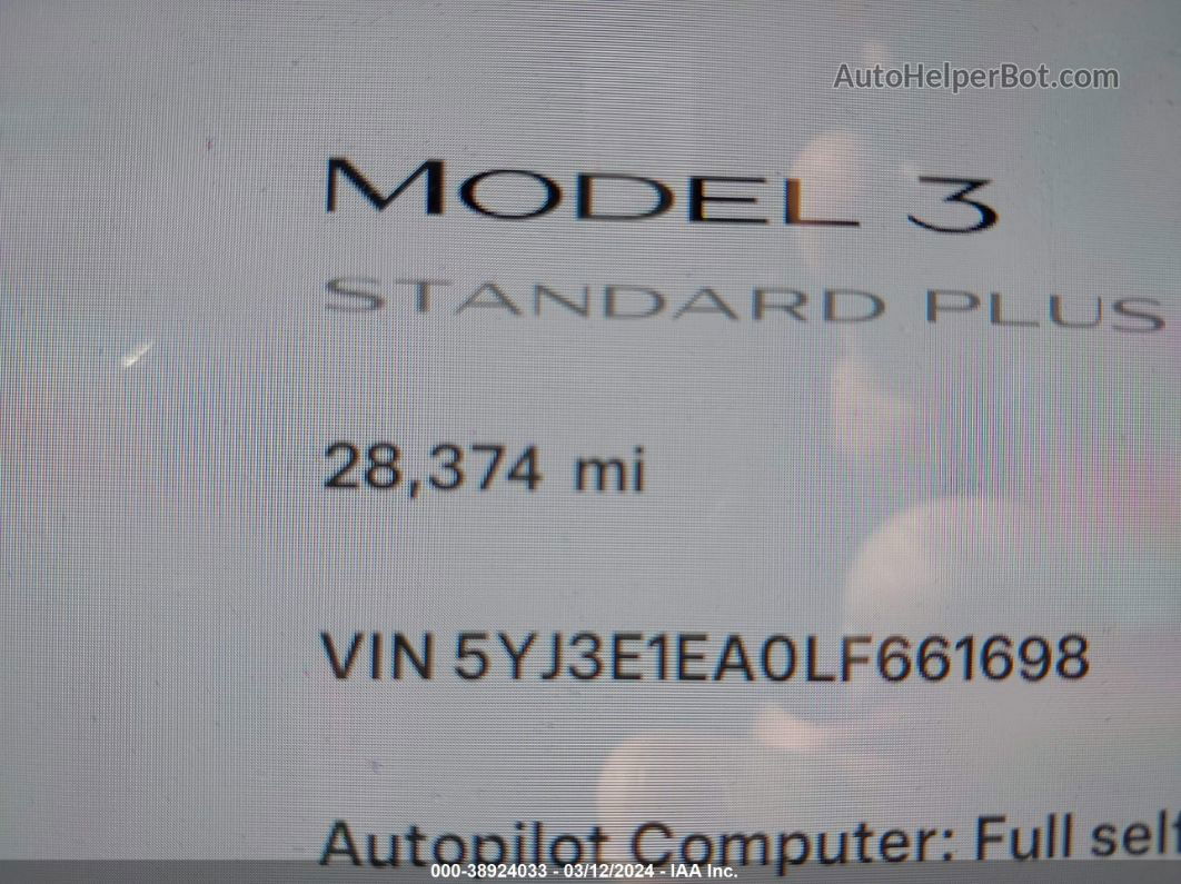 2020 Tesla Model 3 Standard Range Plus Rear-wheel Drive/standard Range Rear-wheel Drive White vin: 5YJ3E1EA0LF661698