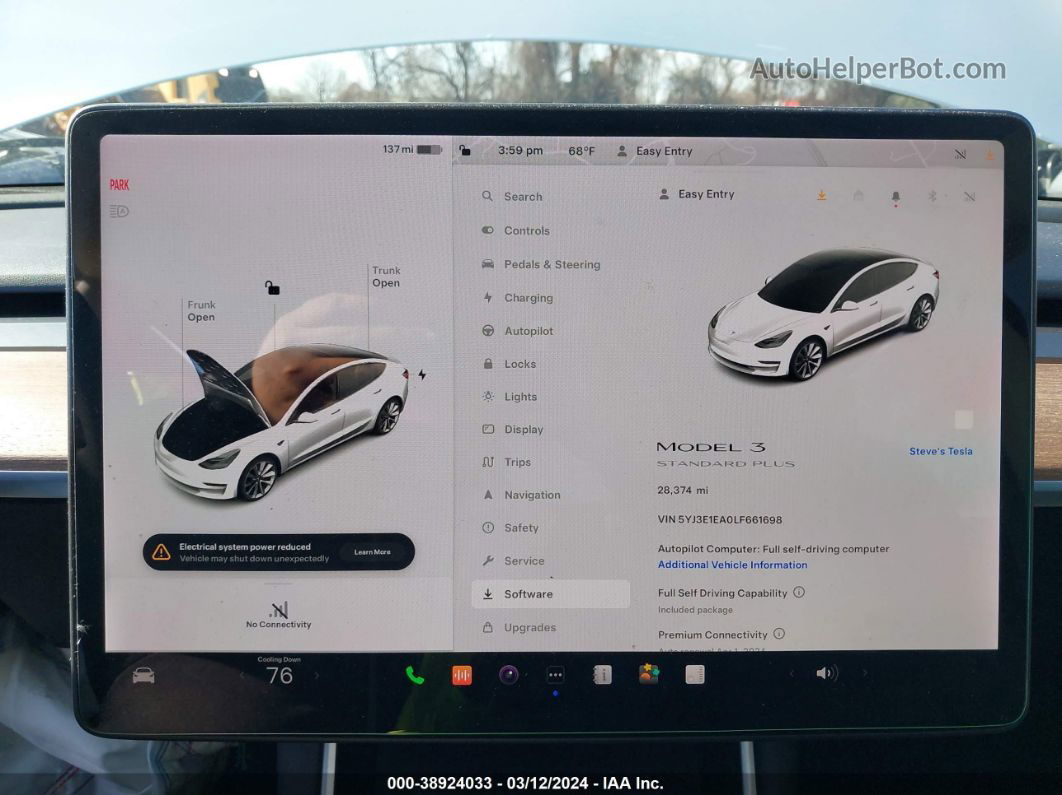 2020 Tesla Model 3 Standard Range Plus Rear-wheel Drive/standard Range Rear-wheel Drive White vin: 5YJ3E1EA0LF661698