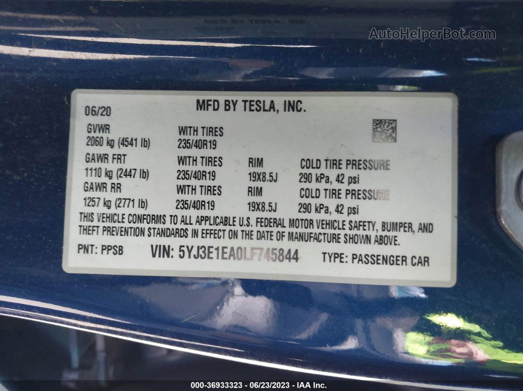 2020 Tesla Model 3 Standard Range Синий vin: 5YJ3E1EA0LF745844