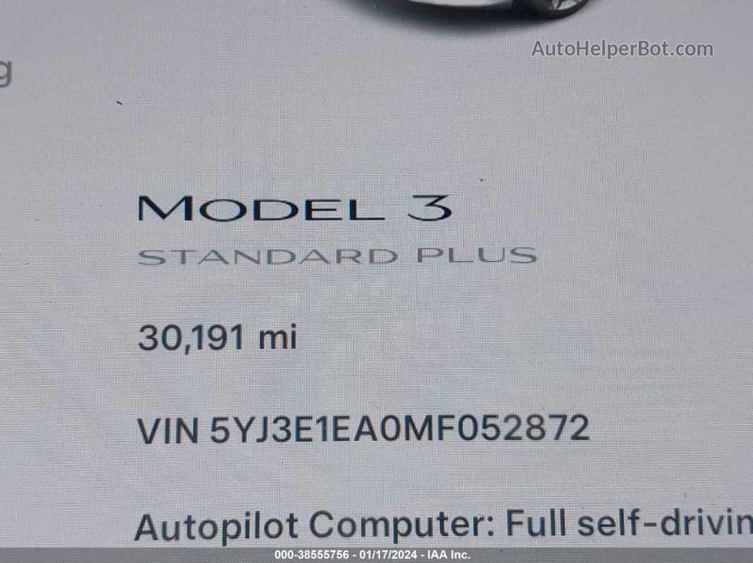 2021 Tesla Model 3 Standard Range Plus Rear-wheel Drive White vin: 5YJ3E1EA0MF052872