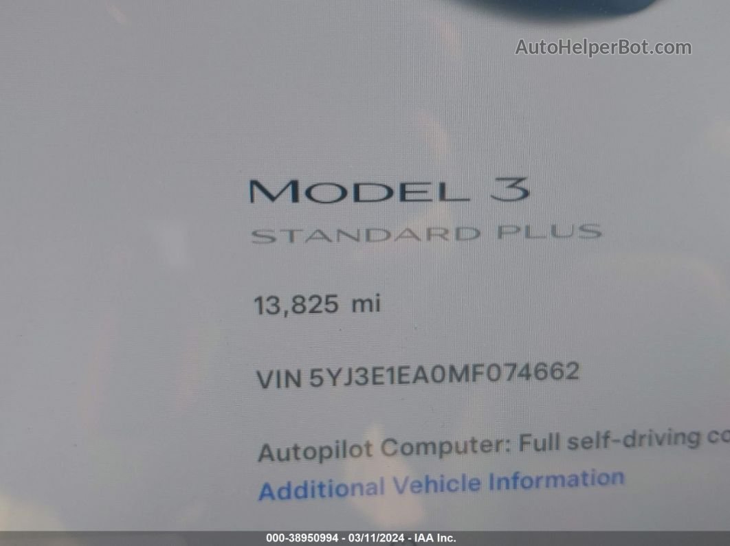 2021 Tesla Model 3 Standard Range Plus Rear-wheel Drive Белый vin: 5YJ3E1EA0MF074662
