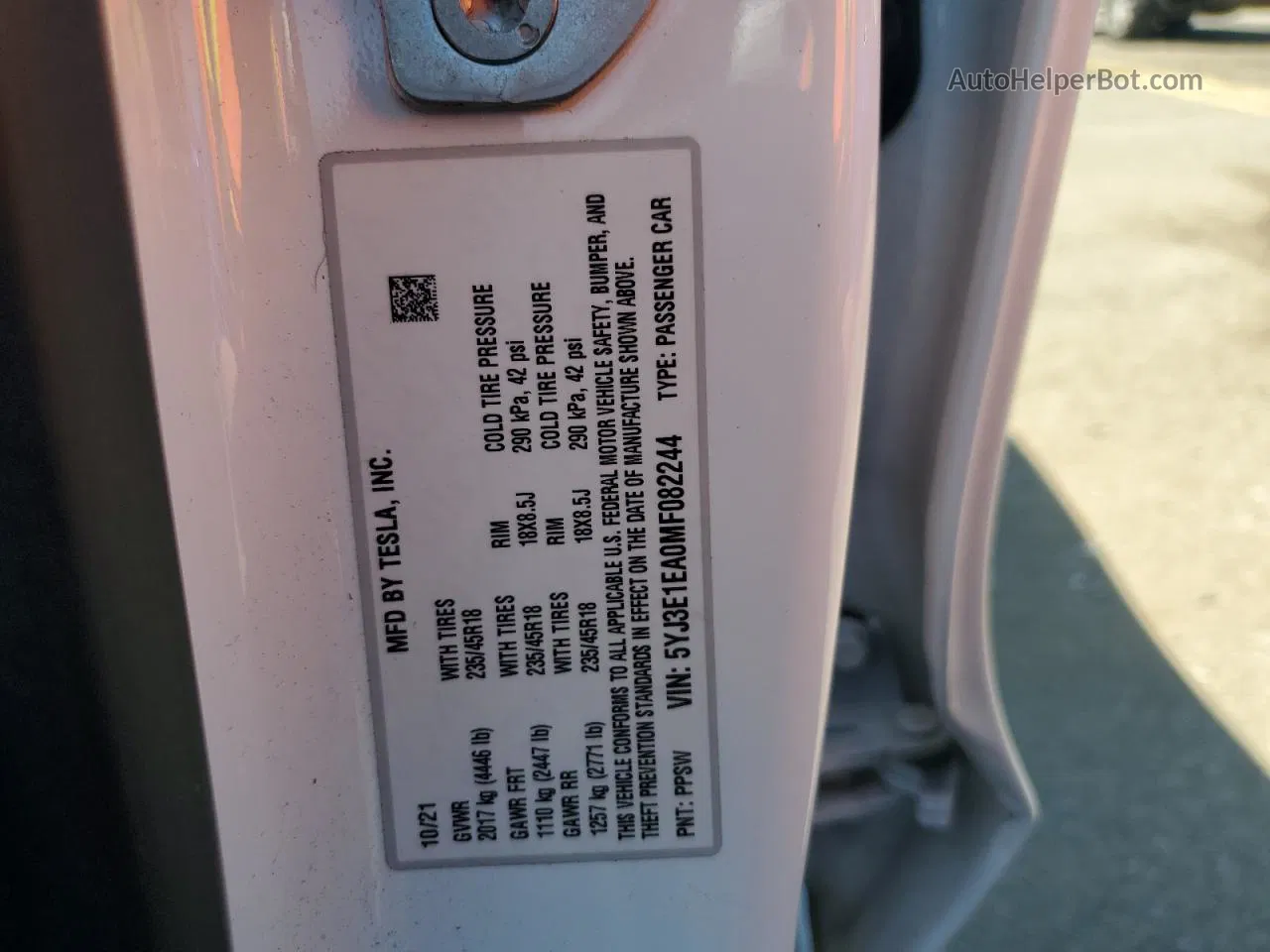 2021 Tesla Model 3  White vin: 5YJ3E1EA0MF082244