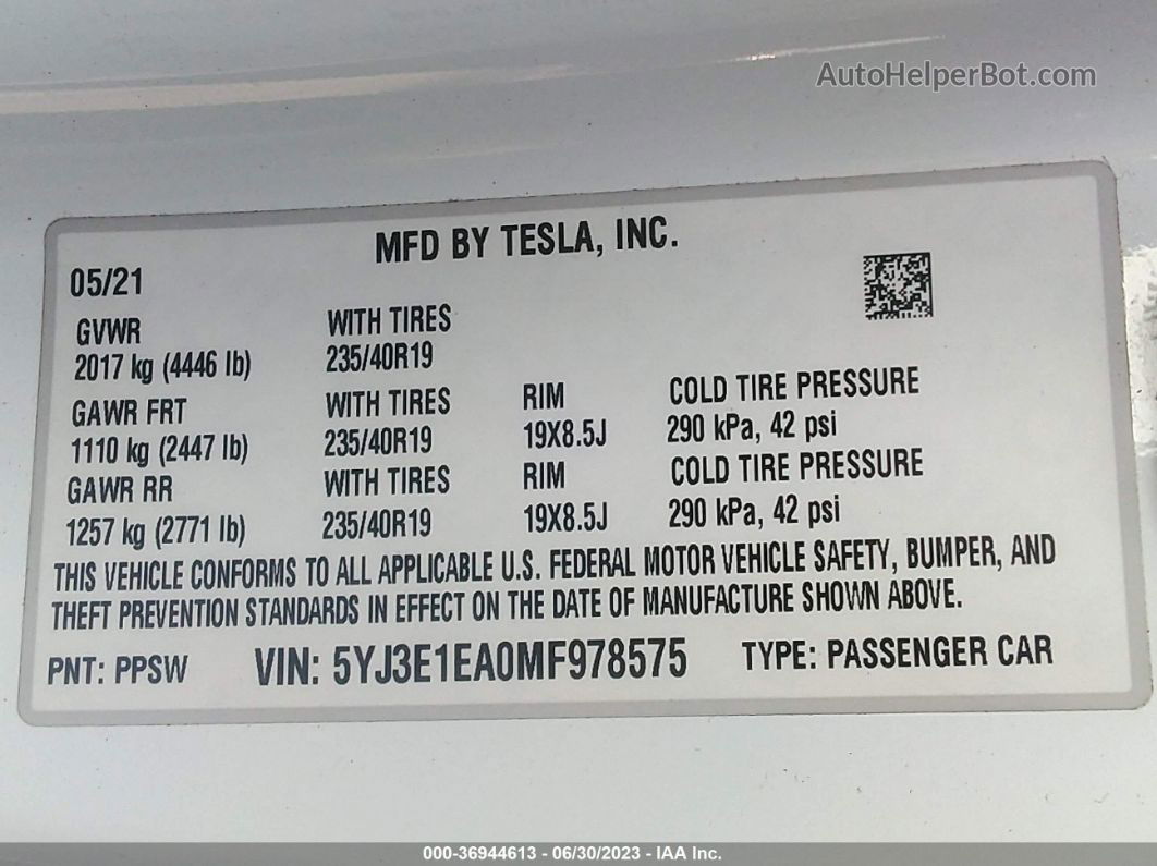 2021 Tesla Model 3 Standard Range Plus White vin: 5YJ3E1EA0MF978575