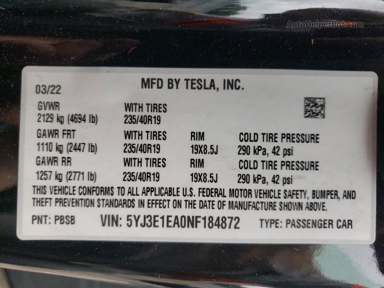 2022 Tesla Model 3  Black vin: 5YJ3E1EA0NF184872