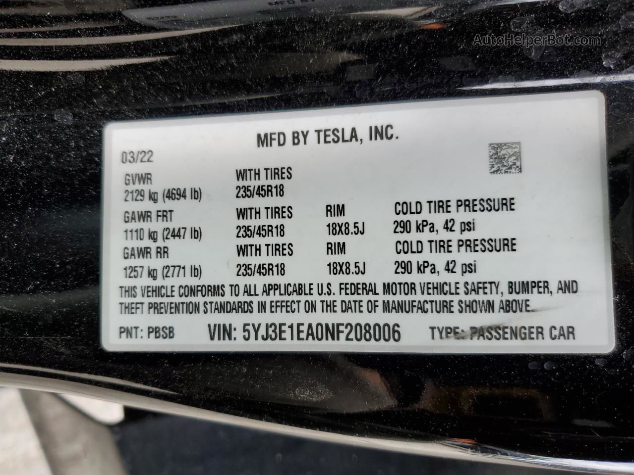 2022 Tesla Model 3  Black vin: 5YJ3E1EA0NF208006