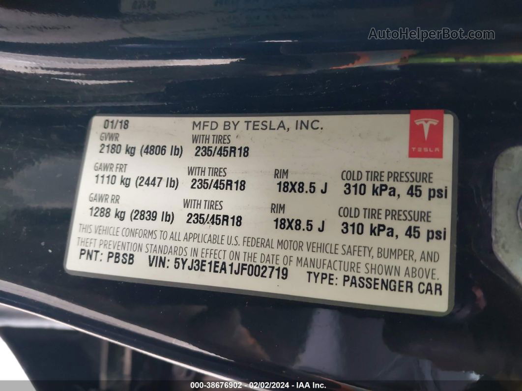 2018 Tesla Model 3 Long Range/mid Range Черный vin: 5YJ3E1EA1JF002719