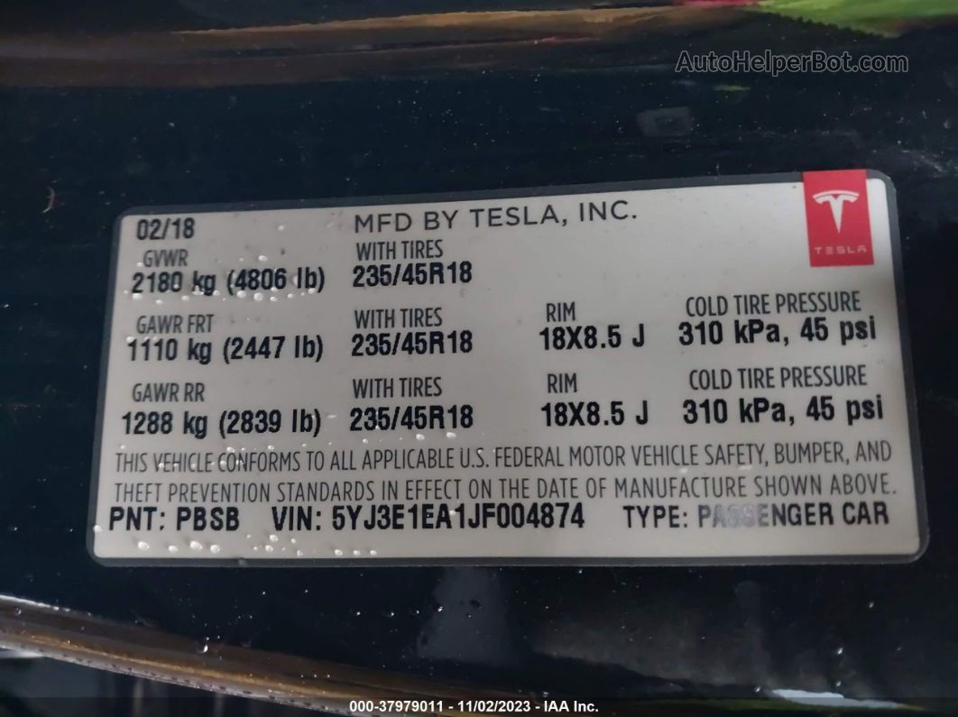 2018 Tesla Model 3 Range Battery Black vin: 5YJ3E1EA1JF004874