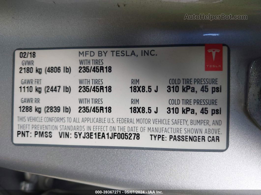 2018 Tesla Model 3 Long Range/mid Range Silver vin: 5YJ3E1EA1JF005278