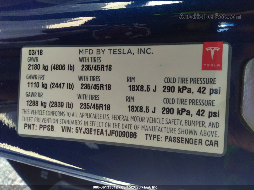 2018 Tesla Model 3 Range Battery Dark Blue vin: 5YJ3E1EA1JF009086