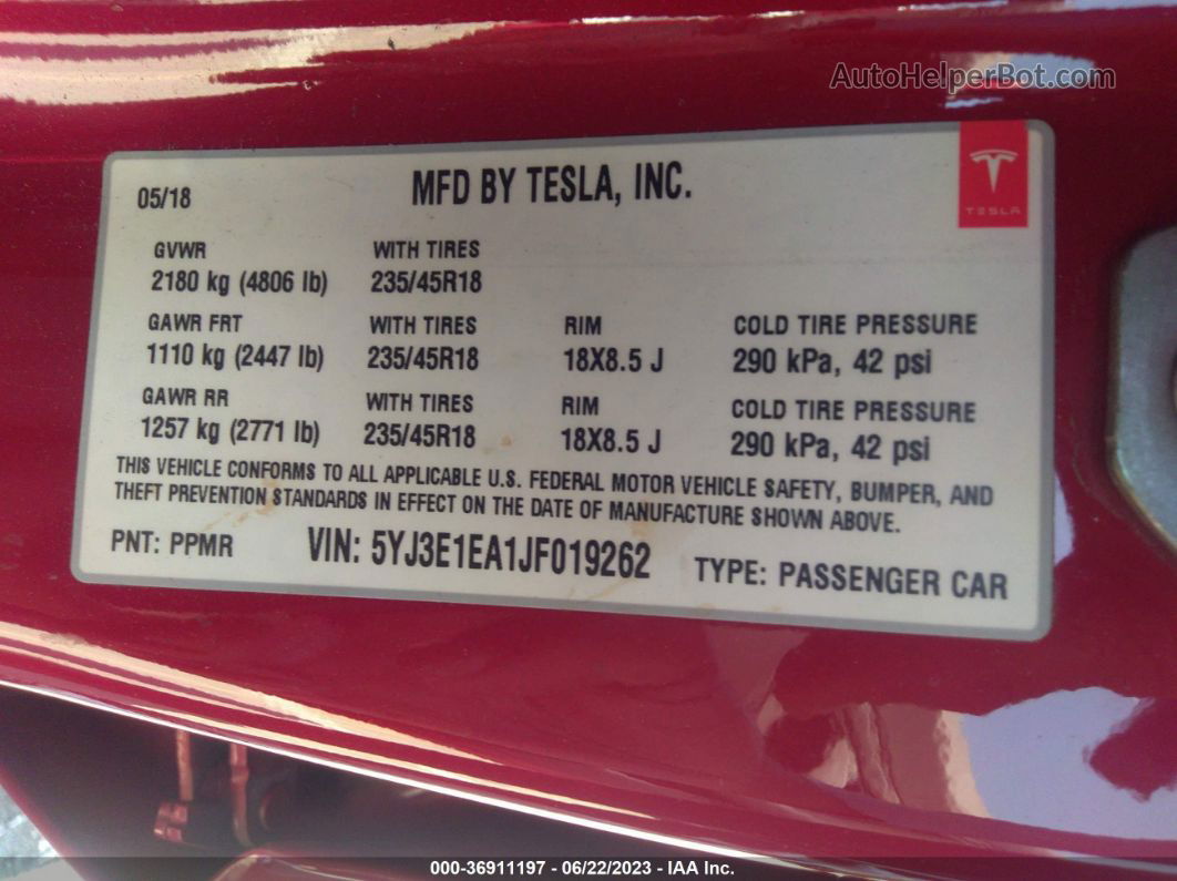 2018 Tesla Model 3 Range Battery Красный vin: 5YJ3E1EA1JF019262