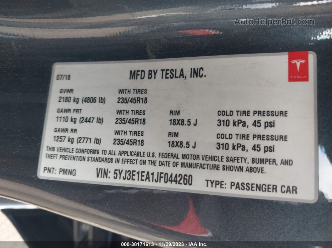 2018 Tesla Model 3 Long Range/mid Range Gray vin: 5YJ3E1EA1JF044260