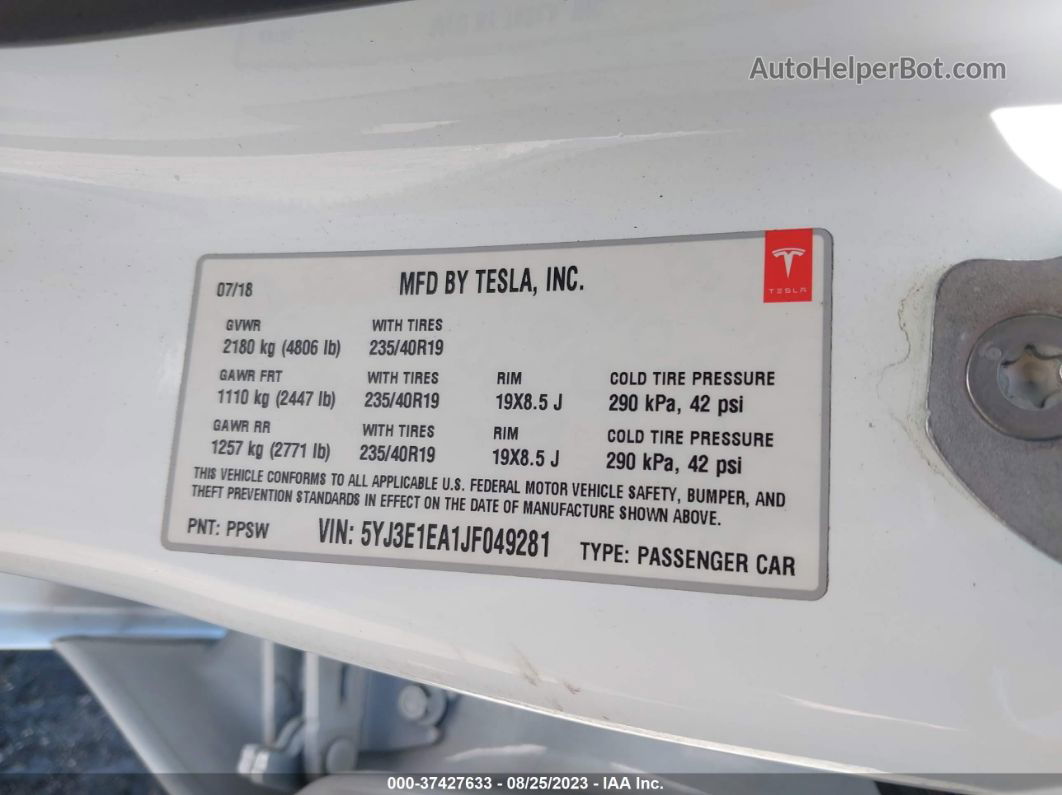 2018 Tesla Model 3 Range Battery White vin: 5YJ3E1EA1JF049281