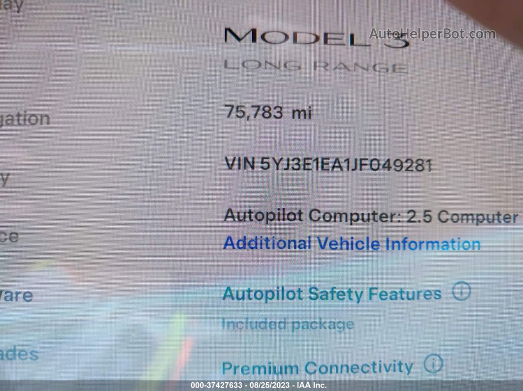 2018 Tesla Model 3 Range Battery White vin: 5YJ3E1EA1JF049281