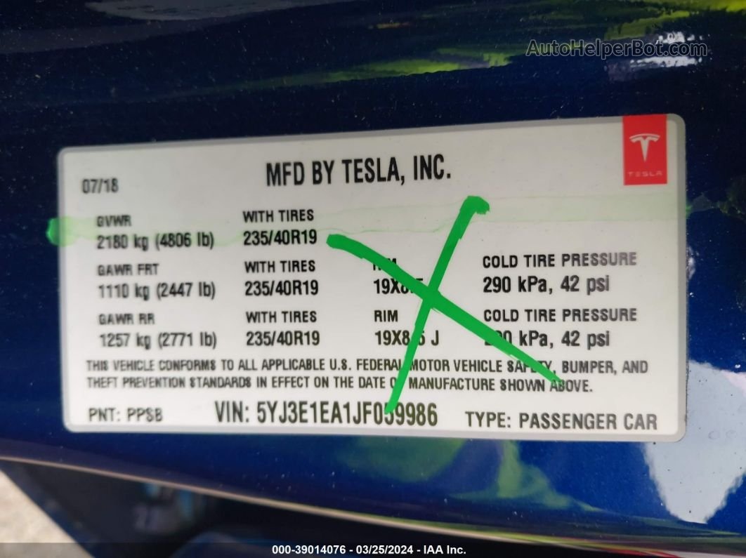 2018 Tesla Model 3 Long Range/mid Range Синий vin: 5YJ3E1EA1JF059986