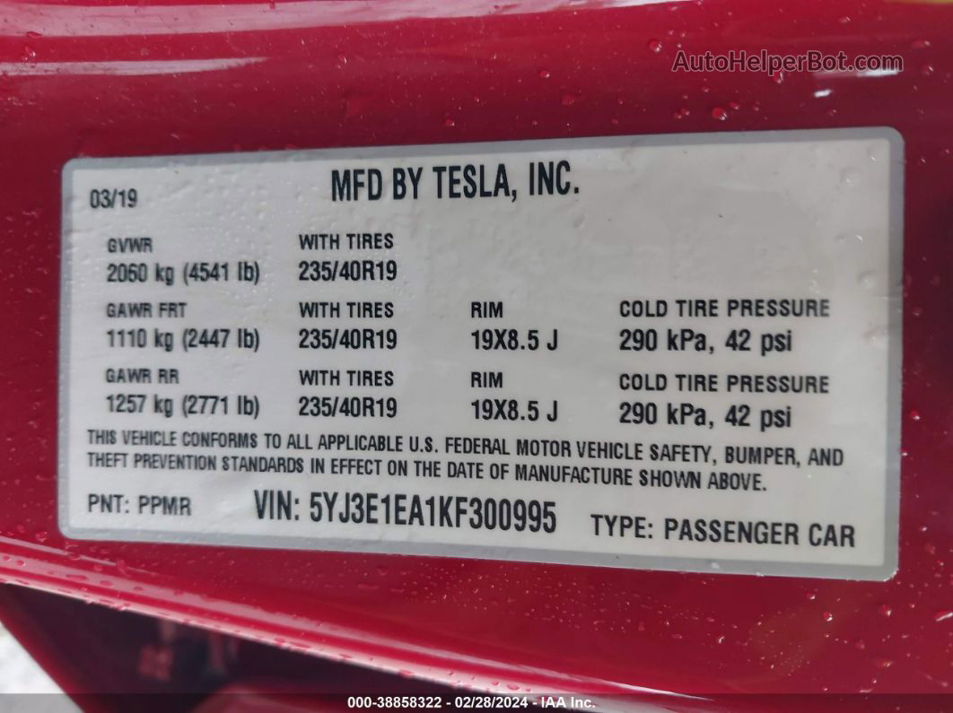 2019 Tesla Model 3 Long Range/mid Range/standard Range/standard Range Plus Red vin: 5YJ3E1EA1KF300995