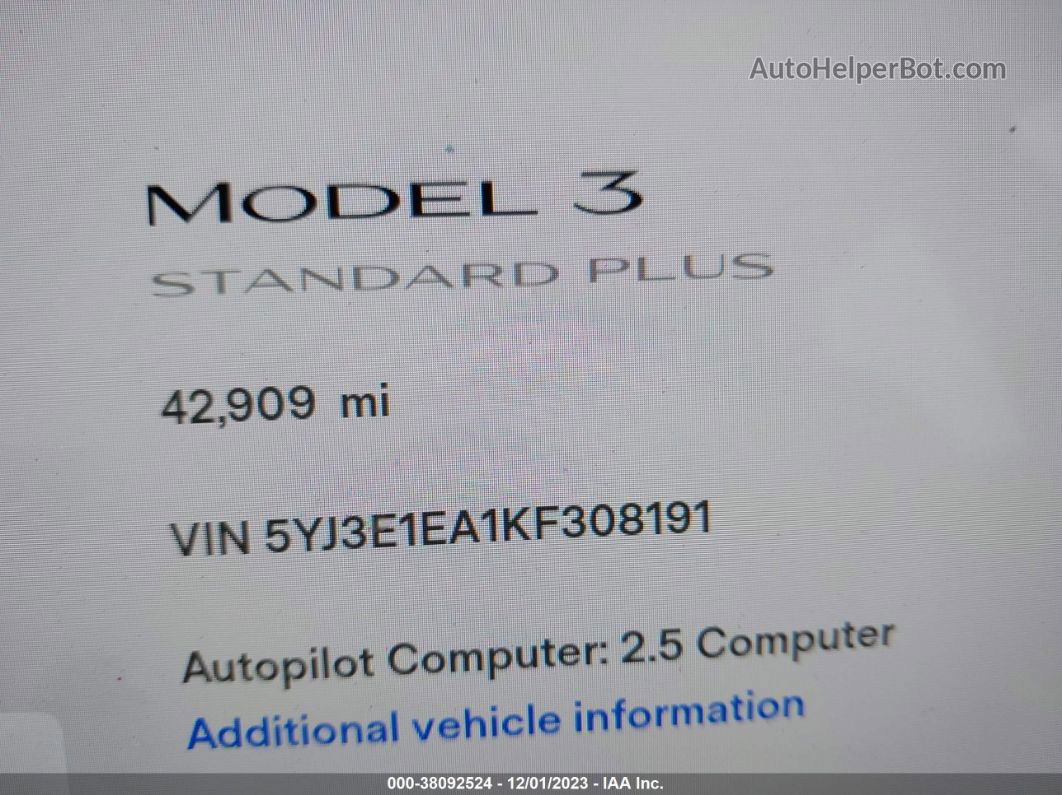 2019 Tesla Model 3 Standard Range/standard Range Plus/long Range/mid Range Gray vin: 5YJ3E1EA1KF308191