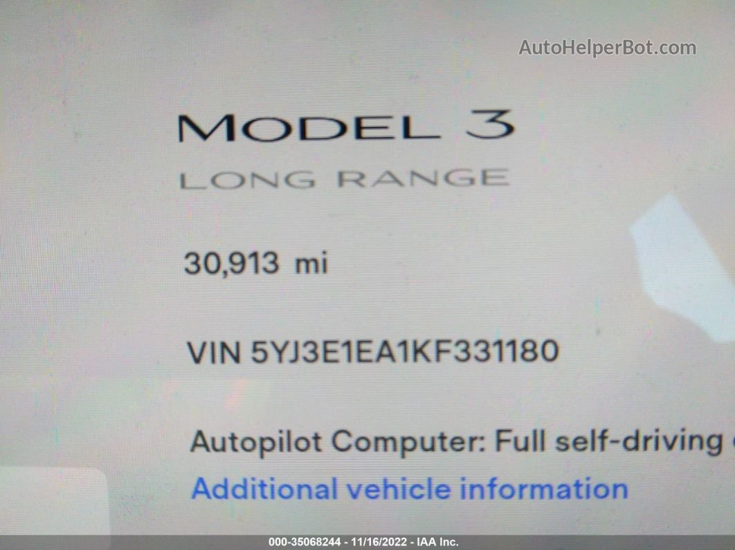 2019 Tesla Model 3 Range White vin: 5YJ3E1EA1KF331180