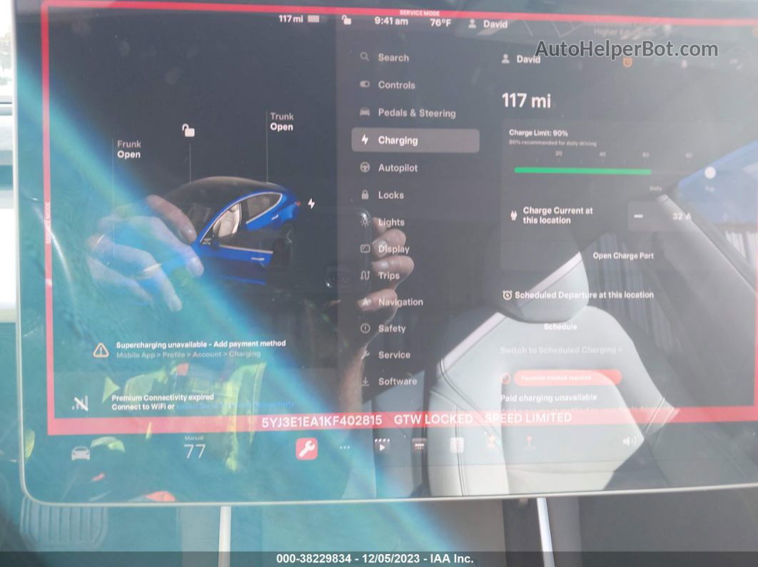 2019 Tesla Model 3 Standard Range/standard Range Plus/long Range/mid Range Blue vin: 5YJ3E1EA1KF402815