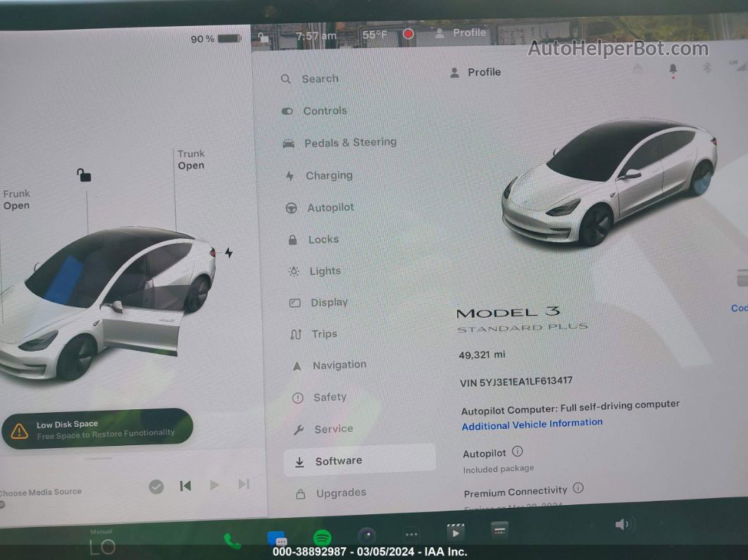 2020 Tesla Model 3 Standard Range Plus Rear-wheel Drive/standard Range Rear-wheel Drive White vin: 5YJ3E1EA1LF613417