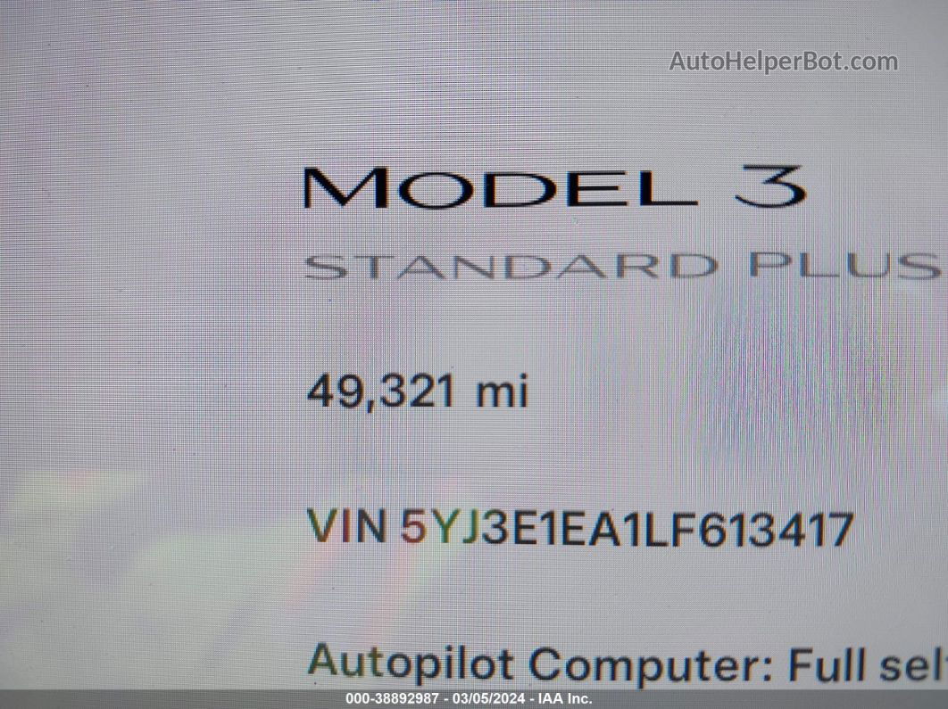 2020 Tesla Model 3 Standard Range Plus Rear-wheel Drive/standard Range Rear-wheel Drive White vin: 5YJ3E1EA1LF613417