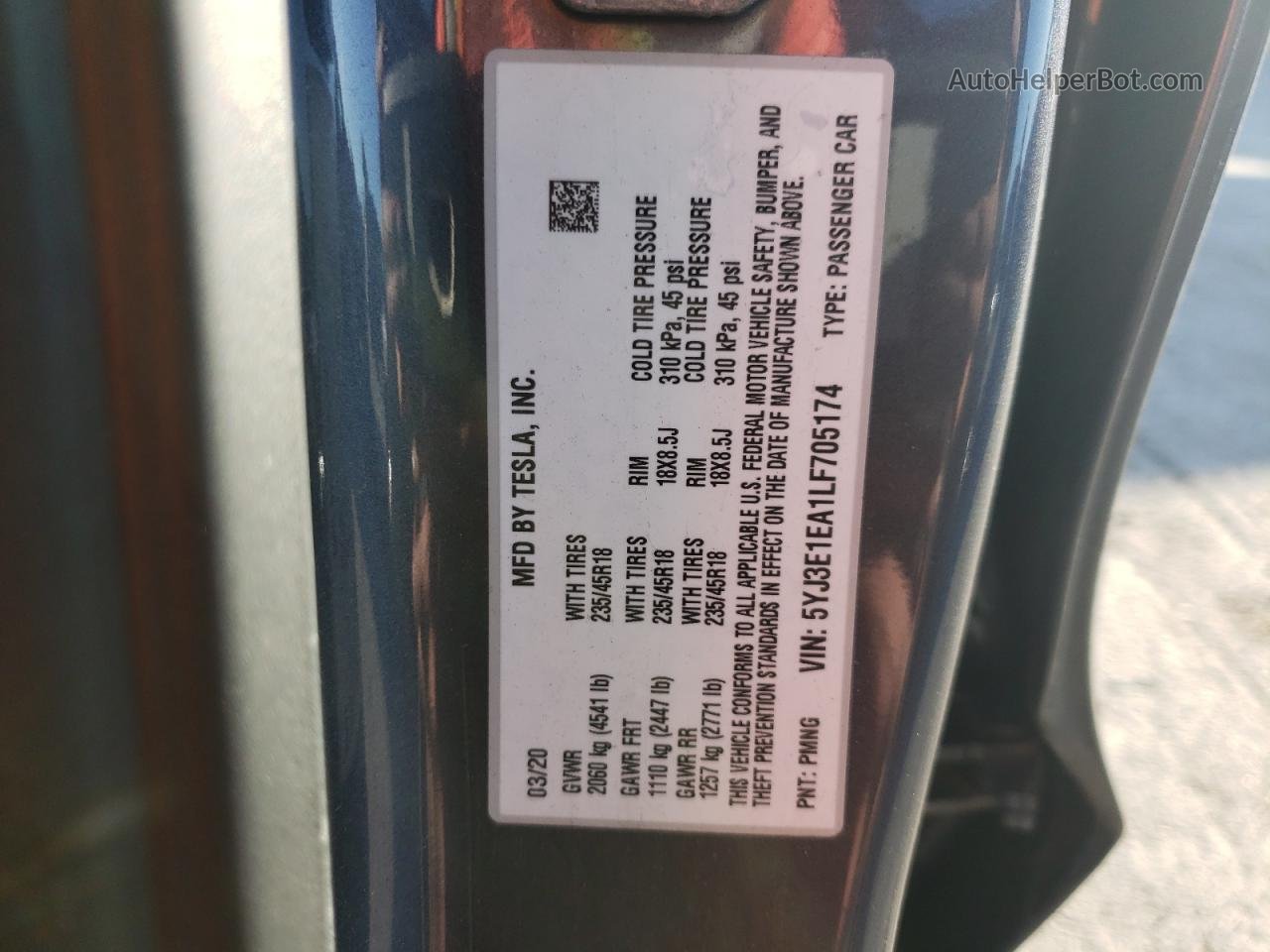 2020 Tesla Model 3  Gray vin: 5YJ3E1EA1LF705174