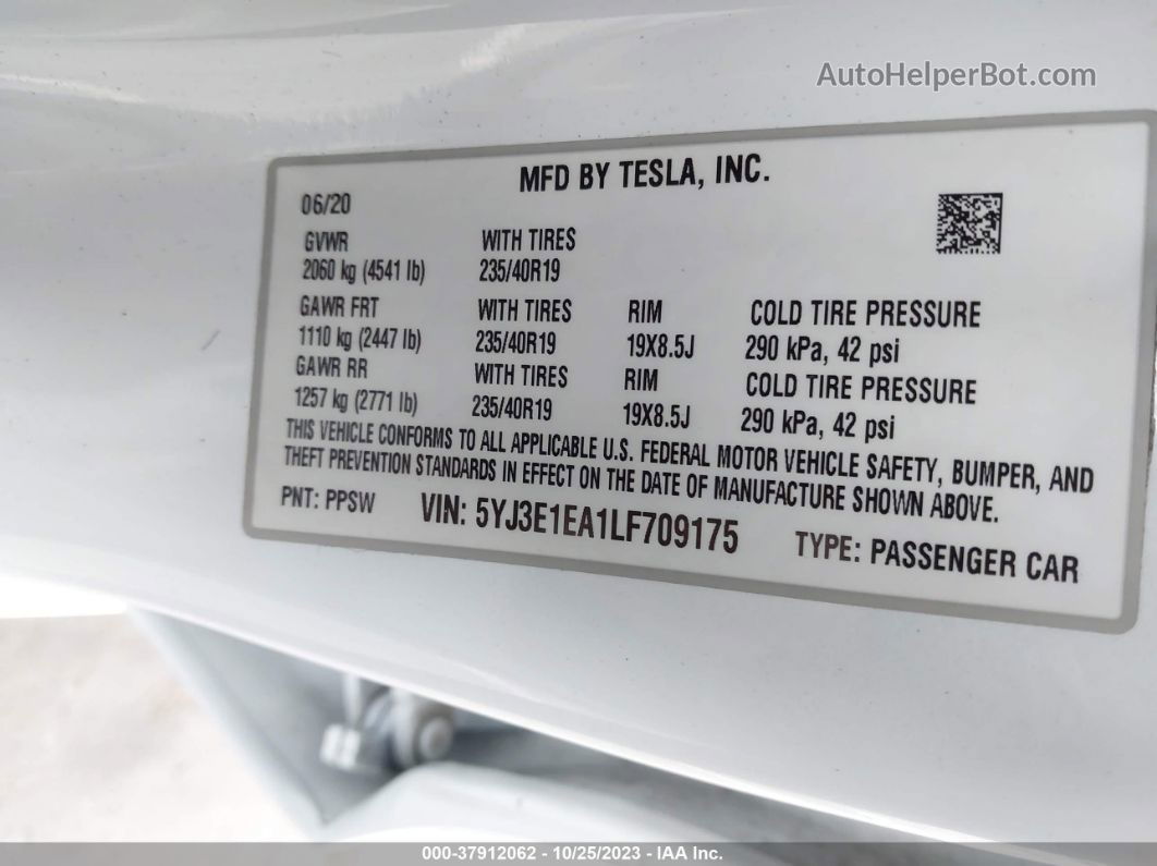 2020 Tesla Model 3 Standard Range Plus Rear-wheel Drive/standard Range Rear-wheel Drive White vin: 5YJ3E1EA1LF709175