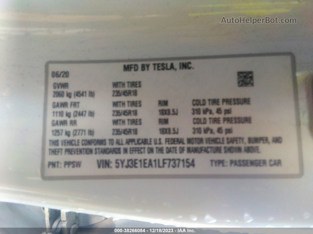 2020 Tesla Model 3 Standard Range Plus Rear-wheel Drive/standard Range Rear-wheel Drive Черный vin: 5YJ3E1EA1LF737154