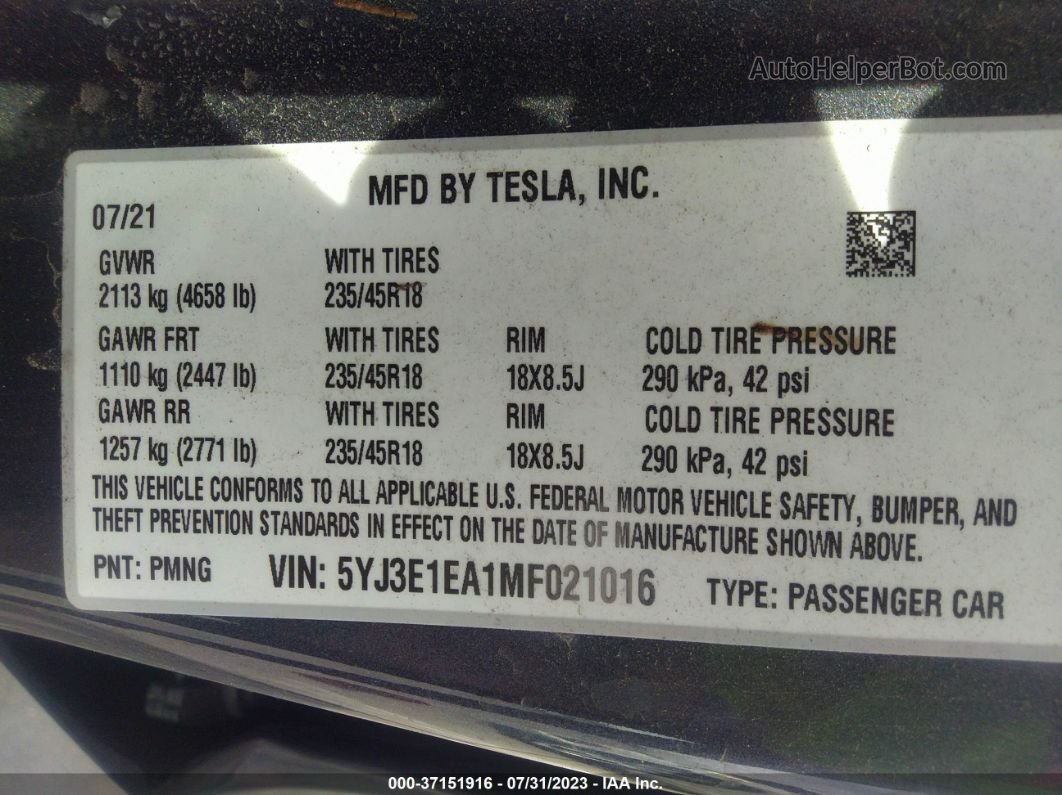 2021 Tesla Model 3 Standard Range Plus Gray vin: 5YJ3E1EA1MF021016