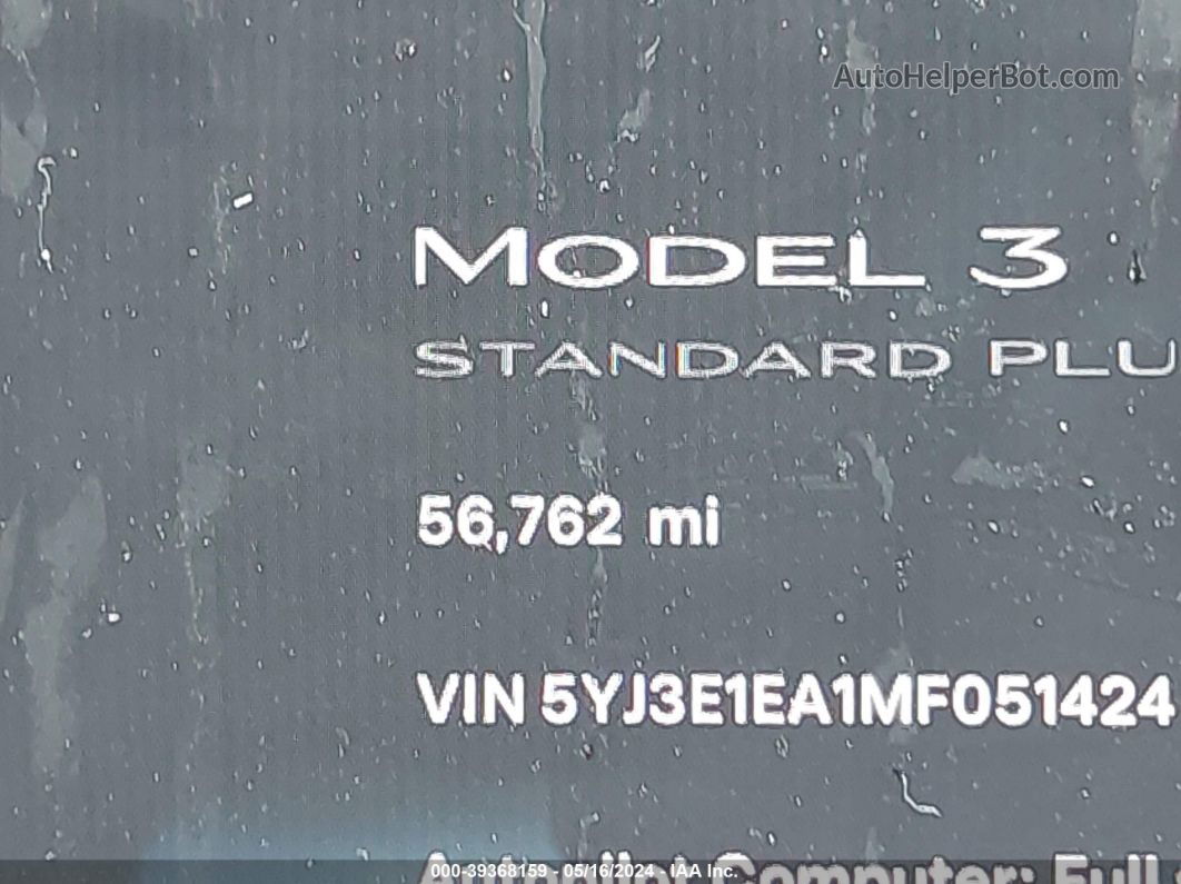 2021 Tesla Model 3 Standard Range Plus Rear-wheel Drive White vin: 5YJ3E1EA1MF051424
