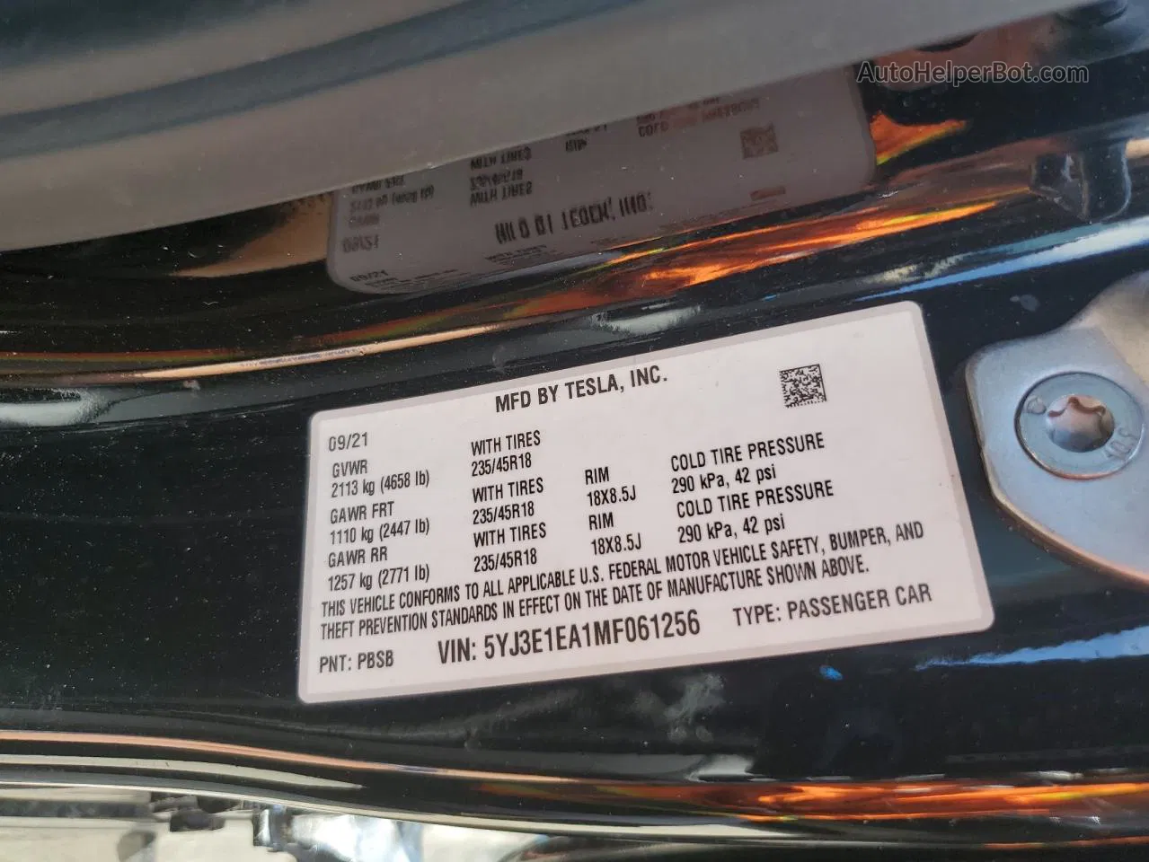 2021 Tesla Model 3  Черный vin: 5YJ3E1EA1MF061256