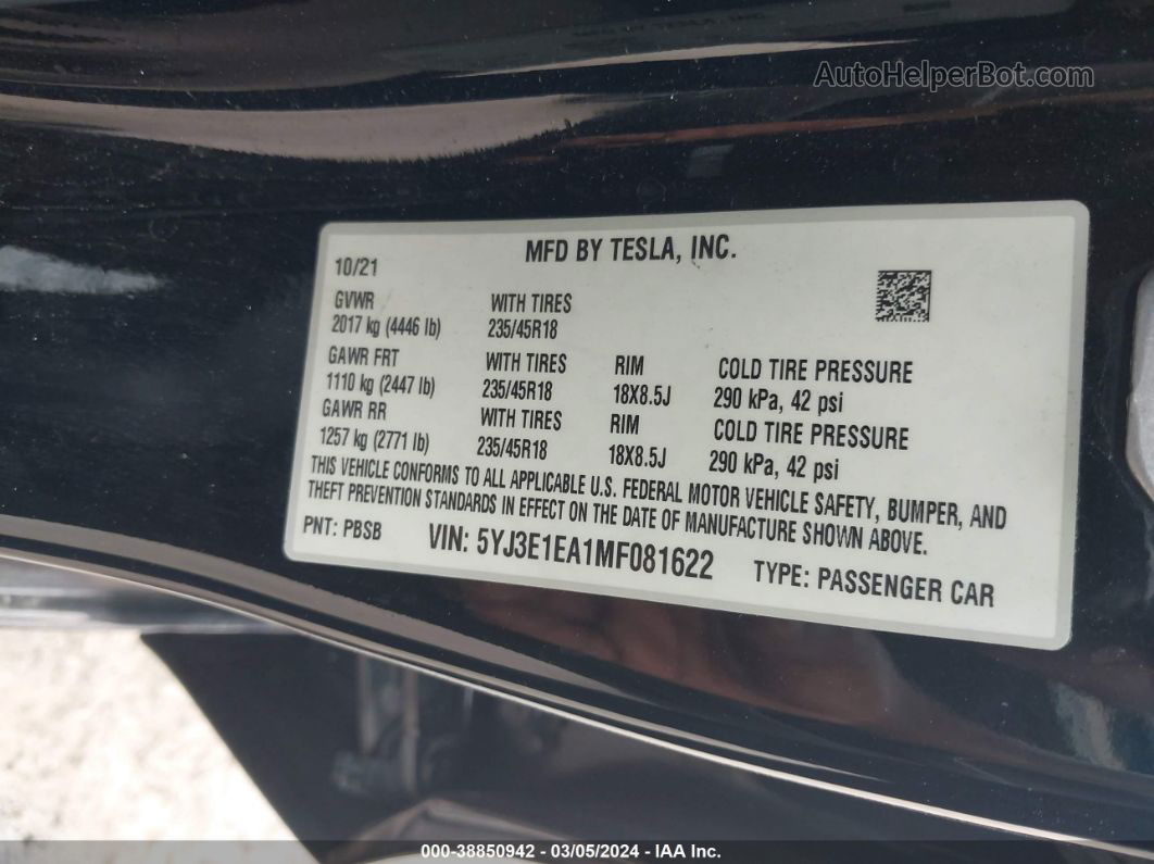 2021 Tesla Model 3 Standard Range Plus Rear-wheel Drive Black vin: 5YJ3E1EA1MF081622