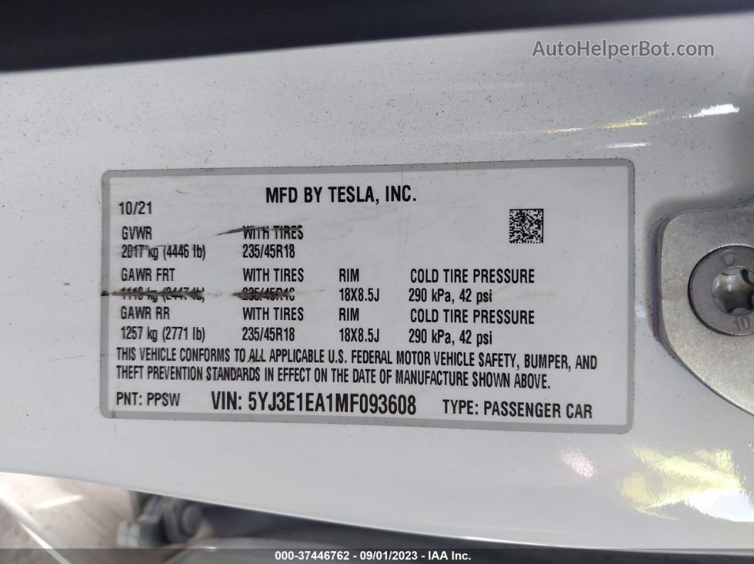 2021 Tesla Model 3 Standard Range Plus White vin: 5YJ3E1EA1MF093608