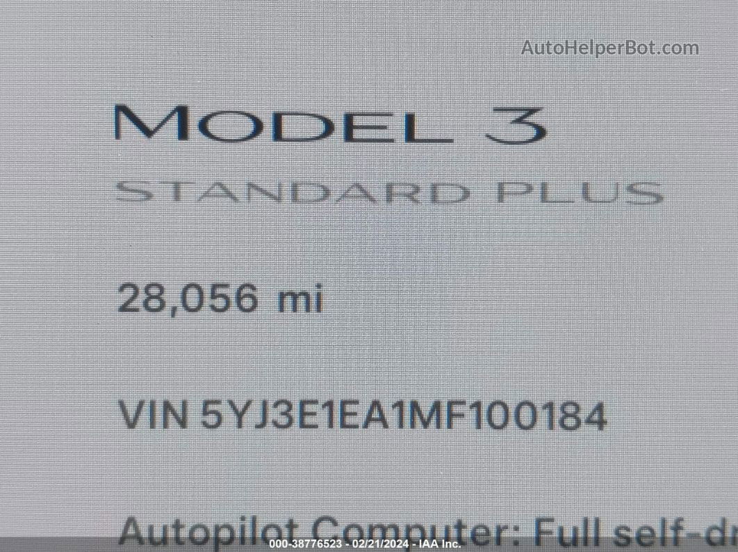 2021 Tesla Model 3 Standard Range Plus Rear-wheel Drive White vin: 5YJ3E1EA1MF100184