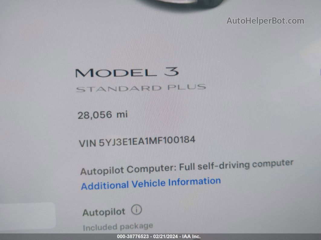 2021 Tesla Model 3 Standard Range Plus Rear-wheel Drive Белый vin: 5YJ3E1EA1MF100184