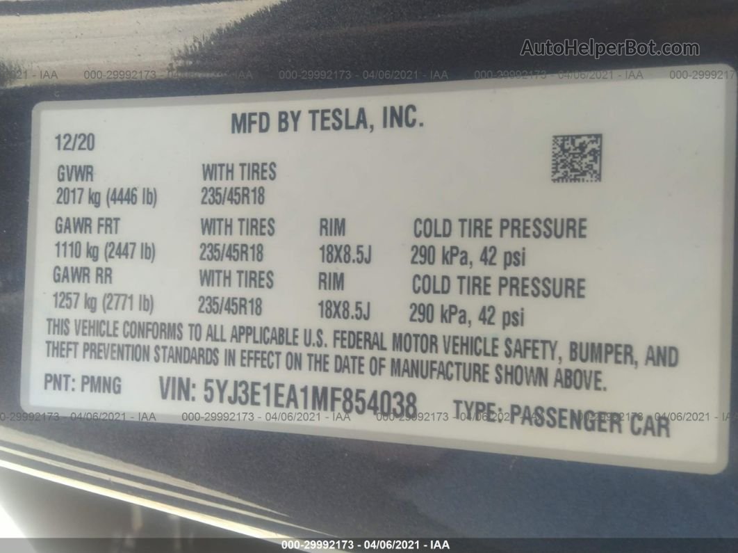 2021 Tesla Model 3 Standard Range Plus Gray vin: 5YJ3E1EA1MF854038