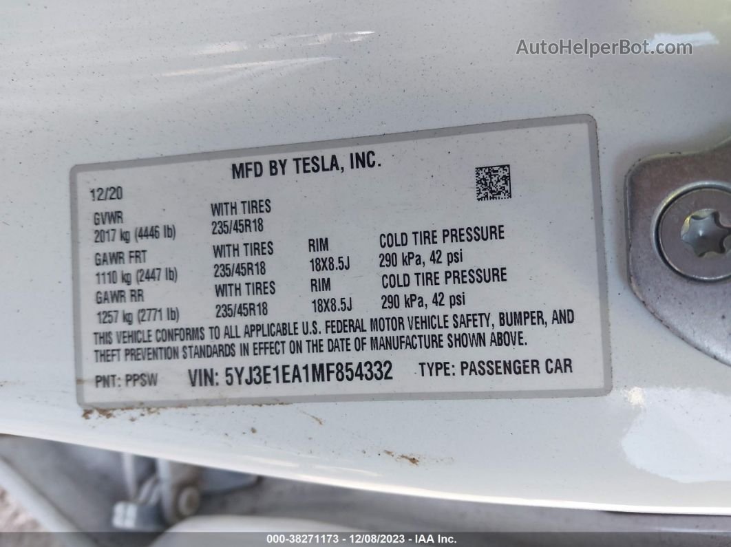 2021 Tesla Model 3 Standard Range Plus Rear-wheel Drive White vin: 5YJ3E1EA1MF854332