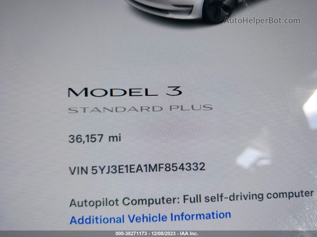 2021 Tesla Model 3 Standard Range Plus Rear-wheel Drive Белый vin: 5YJ3E1EA1MF854332