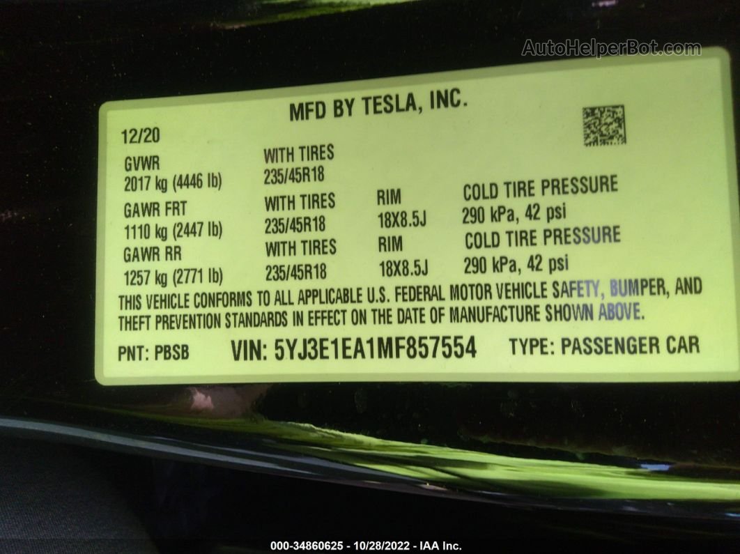 2021 Tesla Model 3 Standard Range Plus Черный vin: 5YJ3E1EA1MF857554