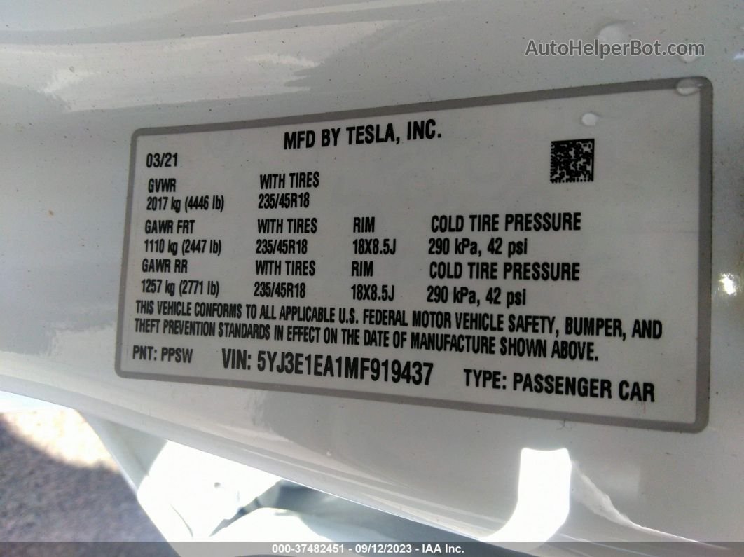 2021 Tesla Model 3 Standard Range Plus Rear-wheel Drive Белый vin: 5YJ3E1EA1MF919437