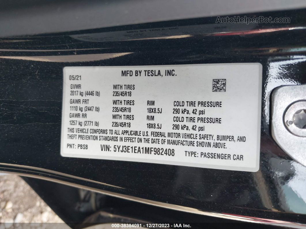 2021 Tesla Model 3 Standard Range Plus Rear-wheel Drive Черный vin: 5YJ3E1EA1MF982408