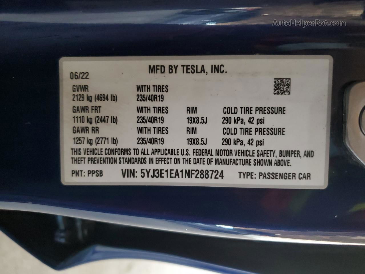 2022 Tesla Model 3  Blue vin: 5YJ3E1EA1NF288724