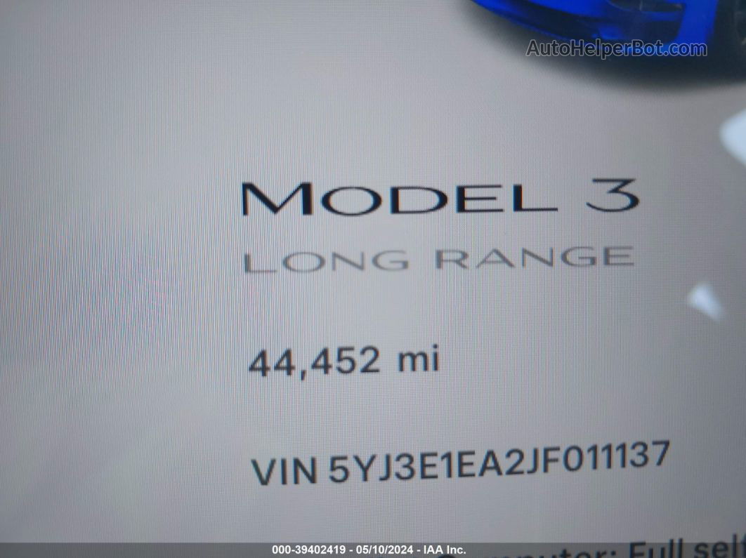 2018 Tesla Model 3 Long Range/mid Range Blue vin: 5YJ3E1EA2JF011137