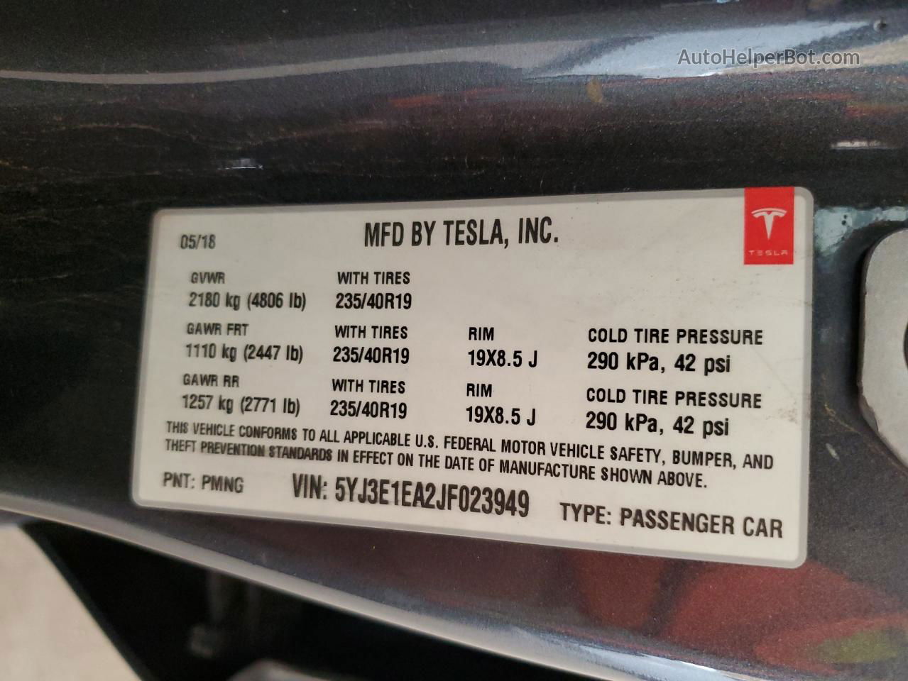 2018 Tesla Model 3  Charcoal vin: 5YJ3E1EA2JF023949